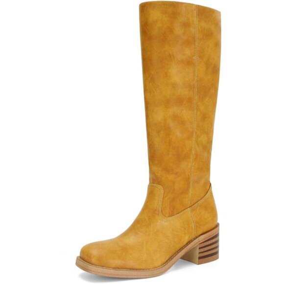 Womens Banana Knee High Boots Square Toe Boots Block Heel Boots Wide Calf